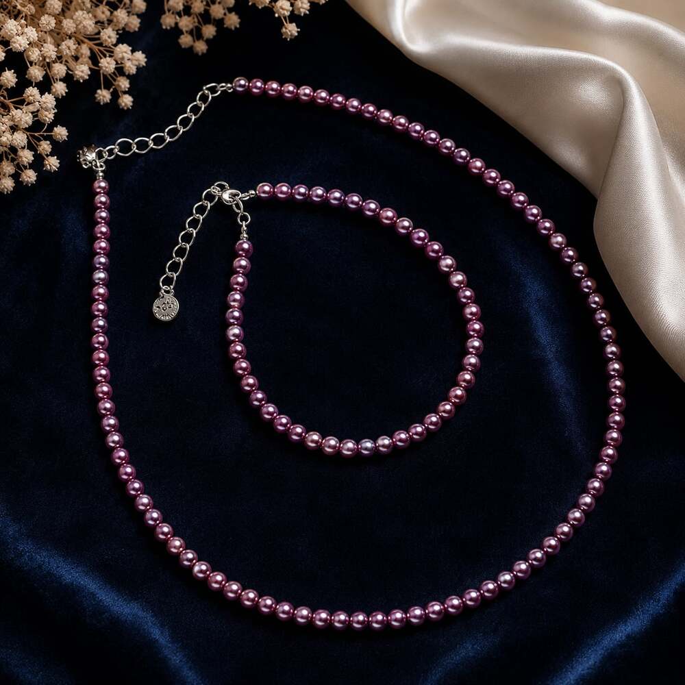 Genuine Purple Pearl Necklace and Bracelet Set with Sterling Silver 925 Hardware